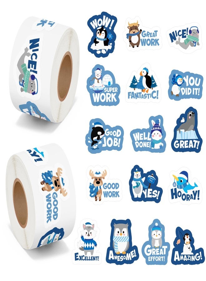 BeYumi Winter Polar Animal Sticker - 1000Pcs Teacher Reward Stickers in 2 Rolls Cute Arctic Animal Motivational Positive Xmas Decal Waterproof Vinyl School Classroom Office Bottle Party Decor for Kids - Image 1